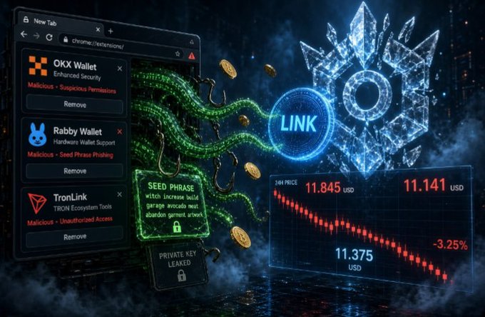 The image shows a dark-themed digital graphic warning about crypto-stealing malware, with a browser displaying flagged wallet extensions (OKX Wallet, Rabby Wallet, TronLink) marked for malicious activity like seed phrase theft and unauthorized access, alongside a Chainlink (LINK) price chart showing a decline from $11.845 to $11.141 USD, reflecting the -3.25% drop mentioned in the post amid security concerns.

Visible text includes: "OKX Wallet – Malicious – Suspicious permissions," "Rabby Wallet – Hardware Wallet Support – Seed Phrase Phishing," "TronLink – TRON Ecosystem Tools – Unauthorized Access," "SEED PHRASE witch increase build garage avocado nest," "PRIVATE KEY LEAKED," "LINK," and the price figures "11.845 USD," "11.141 USD," "11.375 USD," and "-3.25%."