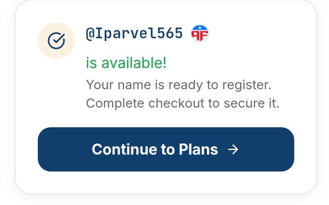 Screenshot showing that the username '@Iparvel565' is available for registration with an AmericanFortress (AF) badge, prompting the user to 'Continue to Plans' with a checkout button.