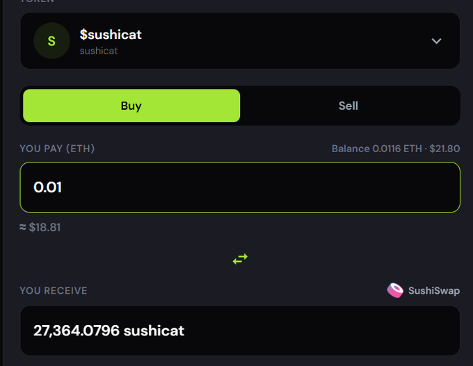 A cryptocurrency trading interface on SushiSwap shows a user buying $sushicat tokens, paying 0.01 ETH (~$18.81) to receive 27,364.0796 sushicat.