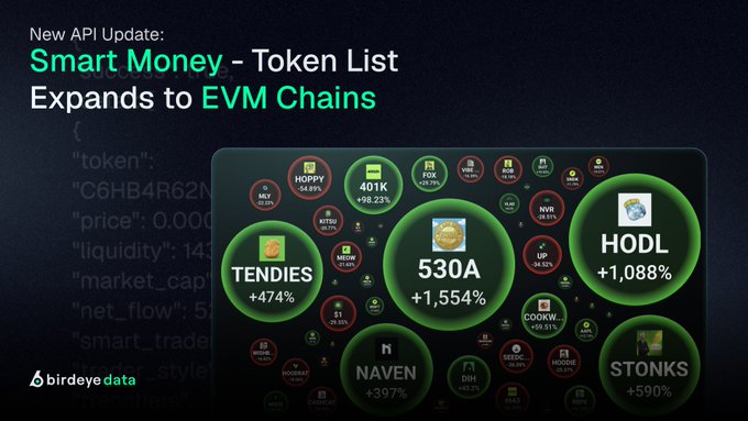 Birdeye Data announces a new API update: 'Smart Money - Token List Expands to EVM Chains', showing tokens like HODL (+1,088%), 530A (+1,554%), and TENDIES (+474%).