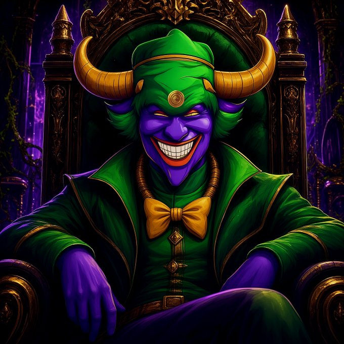 A digital artwork depicting a grinning, horned villainous character with purple skin, green hair, and a green outfit sitting on an ornate throne.