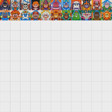 A grid layout mostly empty and white, with the top row filled with various colorful cartoon-style character avatars, resembling a profile picture selection screen for an NFT project.