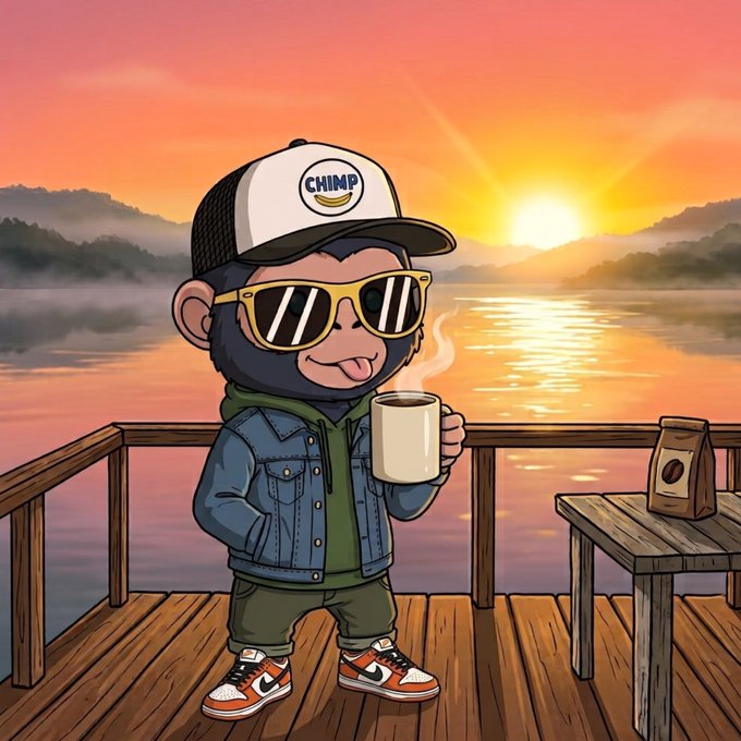 Cartoon illustration of a chimp character wearing a cap labeled 'CHIMP', sunglasses, denim jacket, and sneakers, holding a steaming mug on a wooden deck overlooking a lake at sunset with a coffee bag nearby.