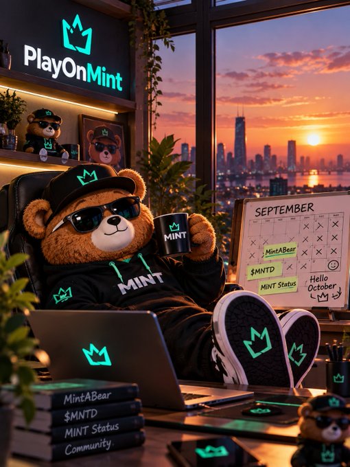 A promotional image for PlayOnMint featuring an animated bear character wearing sunglasses and MINT apparel, sitting at a desk with a laptop, coffee mug, and a September calendar, set against a sunset city skyline.