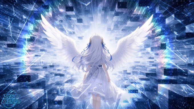 An anime-style illustration features a girl with long white hair and large angel wings standing amidst floating glass cubes and a brilliant light, with 'See 6900' watermark.