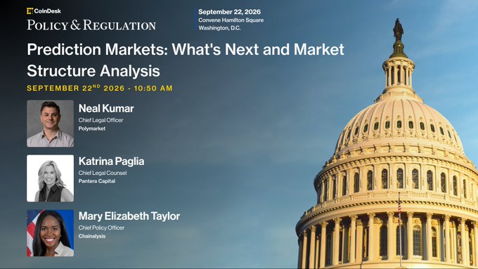 A promotional graphic for a CoinDesk Policy & Regulation event titled "Prediction Markets: What's Next and Market Structure Analysis," scheduled for September 22, 2026, at Convene Hamilton Square in Washington, D.C., featuring Neal Kumar (Polymarket), Katrina Paglia (Pantera Capital), and Mary Elizabeth Taylor (Chainalysis) as speakers, with the U.S. Capitol dome in the background. The image visually complements the announcement by highlighting the high-profile panel of experts set to discuss prediction markets and regulatory issues.