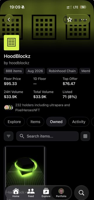 A mobile app screenshot displaying the HoodBlockz NFT collection page on a marketplace, showing 888 items, an Aug 2026 mint, Robinhood Chain, a Floor Price of $95.33, 24H Volume of $33.9K, and 232 holders.