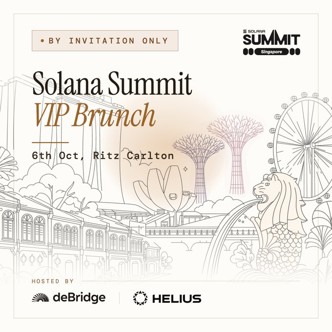 An invitation graphic for the "Solana Summit VIP Brunch" on 6th Oct at the Ritz Carlton, hosted by deBridge and Helius, featuring line art of Singapore landmarks like the Merlion, Marina Bay Sands, and Supertrees. The image aligns with the post's context of attending Token 2049 in Singapore and organizing invite-only gatherings for Fintech and crypto industry connections.