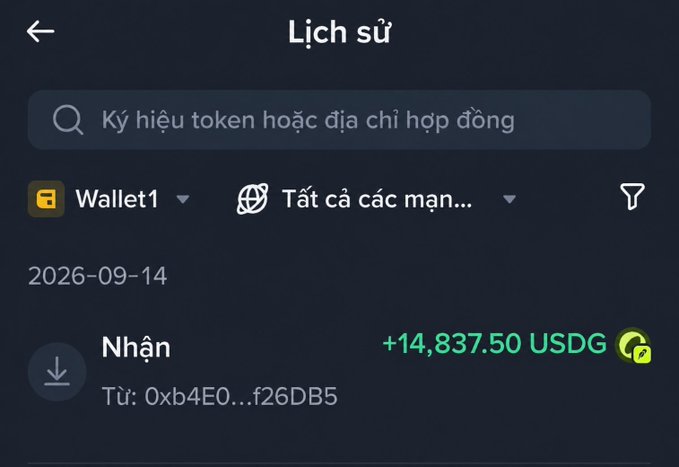 A Vietnamese cryptocurrency wallet transaction history screen showing a received amount of +14,837.50 USDG from address 0xb4E0...f26DB5 dated 2026-09-14.