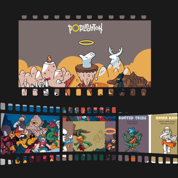 A collection of comic-style illustrations features various cartoon characters, with panels titled 'POPULATION', 'ROOTED TRIBE', and 'OMNA KAM', arranged to look like film strips.