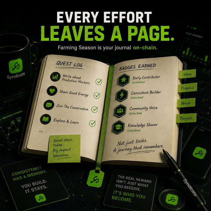 A Syndicate promotional graphic titled 'EVERY EFFORT LEAVES A PAGE' shows an open journal with a quest log and earned badges, surrounded by sticky notes and Syndicate-branded merchandise.