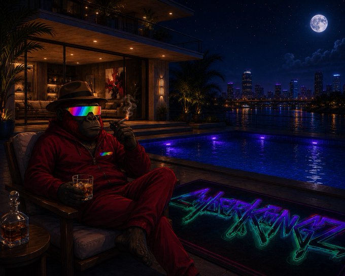 A vibrant digital artwork showing a gorilla wearing a red tracksuit, fedora, and neon sunglasses, relaxing by a pool at night while smoking a cigar and holding a glass, with a 'ShibXenzi' neon sign in the foreground and a city skyline under a full moon in the background.