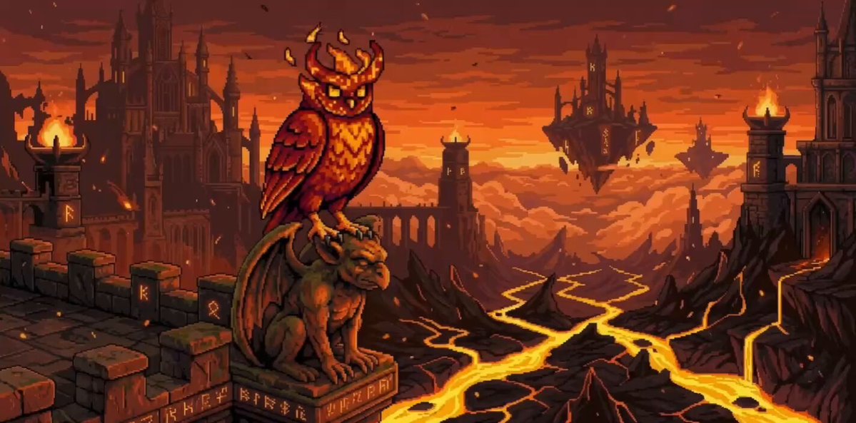 The image features a large, detailed illustration of a cityscape with a castle at its center. The castle is surrounded by lava flows, creating an atmosphere of destruction or chaos. A red bird is perched atop a statue of a dragon, which adds a sense of danger and power to the scene. The caption reads "GM, Horde. It's been almost two weeks since the Crypt migrated to Ethereum Mainnet. Here’s the Week 2 update: 
2,150 / 6,666 minted 1,081 Active Stakes 0.0193 ETH currently in the unclaimed pool Mint live on OpenSea: opensea.io/collection/nec". The image is a creative and engaging representation of the Crypt's migration to Ethereum Mainnet, with the cityscape and dragon statue serving as a visual metaphor for the challenges and risks involved in this process.