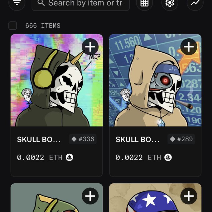 A mobile app screen displays a grid of NFT listings with '666 ITEMS', showing cartoon 'SKULL' characters for sale at '0.0022 ETH' each.