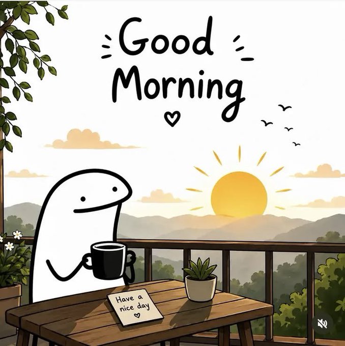 A cartoon illustration shows a white blob-like character holding a black coffee mug at a wooden table with a 'Have a nice day ♡' note, overlooking a sunrise over mountains with 'Good Morning' written above.
