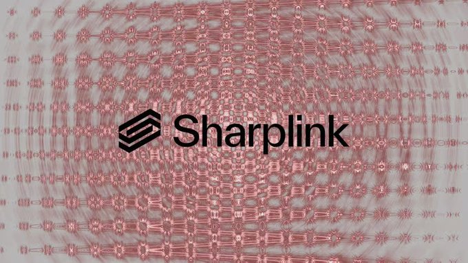 The Sharplink logo featuring a stacked geometric icon beside the wordmark, set against a pink background with intricate mirrored lattice patterns.