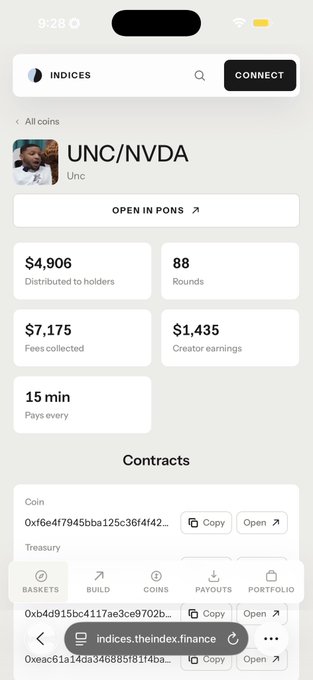 A mobile screen displaying the INDICES app shows a coin called UNC/NVDA, with $4,906 distributed to holders across 88 rounds, $7,175 in fees collected, $1,435 in creator earnings, paying every 15 minutes.