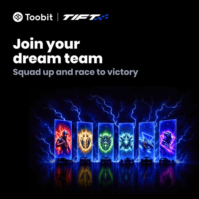 Promotional graphic for Toobit and T1 featuring the text 'Join your dream team' and 'Squad up and race to victory' above six illuminated racing cars.