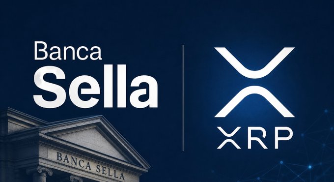 The image features a blue banner with white text that says "Banca Sella" and "XRP", along with an illustration of a building. The text also mentions that Banca Sella has become the first Italian bank authorized under MiCA to offer regulated crypto services, which is related to the post about MiCA regulatory clarity going live. This suggests that Banca Sella is now part of the regulated crypto services offered by MiCA and can provide financial services in this emerging digital asset space.