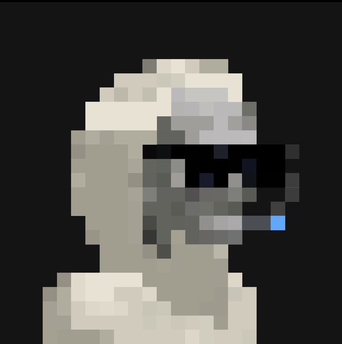 A pixel art style avatar or portrait depicting a person with grey hair wearing a large dark VR headset with a small blue element.