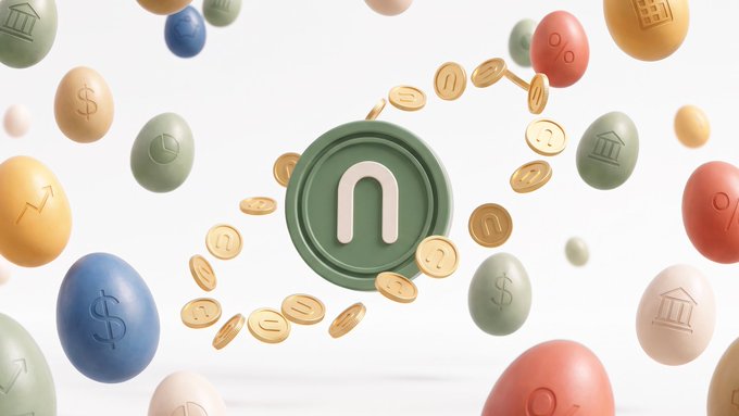 A 3D rendered graphic featuring colorful eggs displaying icons like dollar signs, percentage symbols, and buildings, floating around a central green coin with an 'n' logo, accompanied by scattered golden coins.