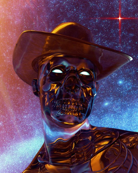 A metallic skull wearing a cowboy hat glows against a colorful, starry cosmic background.