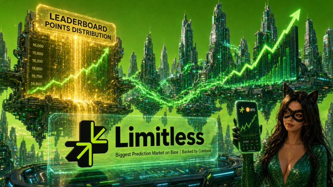 Promotional graphic for 'Limitless', described as the 'Biggest Prediction Market on Base | Backed by Coinbase', featuring a green futuristic cityscape, a leaderboard points distribution chart, and a cat-eared figure holding a phone.