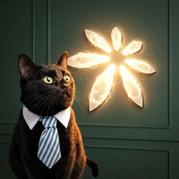 A whimsical image of a black cat wearing a white shirt and blue striped tie, gazing up at a glowing flower-shaped light fixture on a dark green wall.