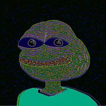 A stylized, neon-outlined digital artwork of the "Crying" Pepe the Frog meme character, characterized by a textured, pixelated fill and large blue eyes, set against a starry black background.