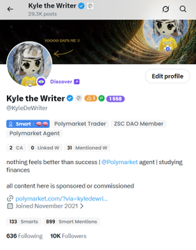 The image features a Facebook page with various posted content from the author of this post named Kyle the Writer. The most prominent information displayed on the page is that there are 10k followers, which indicates a significant number of social media audience. Additionally, the post mentions a trader who makes a nice living using Polymarkets and shares some tips for newbie traders. There's also a list of smart trading strategies available to follow.