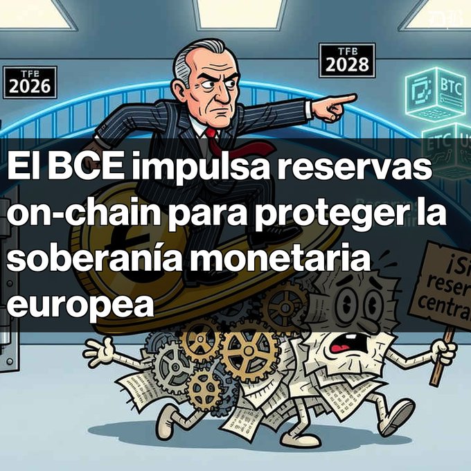 A cartoon illustration shows a stern banker in a pinstripe suit riding a giant euro coin while crushing documents and gears below, with Spanish text 'El BCE impulsa reservas on-chain para proteger la soberanía monetaria' and labels 'TFE 2026', 'TFB 2028', and 'BTC'.