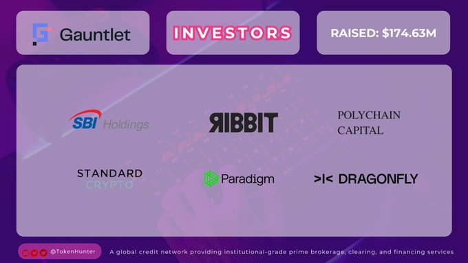 An infographic for 'Gauntlet' showing investors and a raised amount of '$174.63M', featuring logos for SBI Holdings, Ribbit Capital, Polychain Capital, Standard Crypto, Paradigm, and Dragonfly.