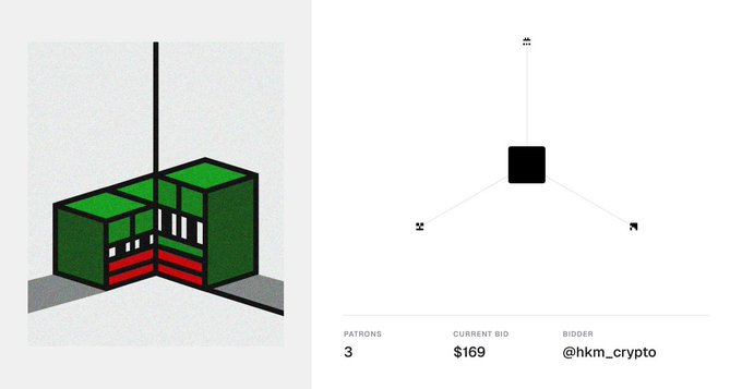 Split-screen display showing a 3D rendered green and red building structure on the left and an interactive bidding interface on the right with 'Patrons: 3,' 'Current Bid: $169,' and 'Bidder: @hkm_crypto.'