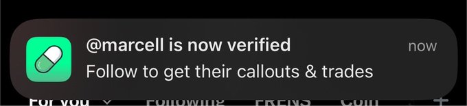 A smartphone notification from the PumpFun app reads "@marcell is now verified - Follow to get their callouts & trades," highlighting the absurdity of the platform announcing verification status for a user named "the worst person ever" with sarcastic commentary in the post.