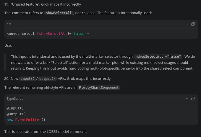 A GitHub comment thread discussing Grok AI mapping issues, mentioning an 'unused feature' regarding `showSelectAll="false"` and new `input()`/`output()` APIs in PlotlyChartComponent.
