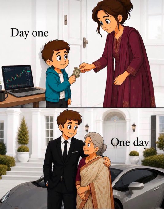 A two-panel cartoon shows 'Day one' of a boy receiving money from his mother next to a trading laptop, and 'One day' showing the grown son in a suit hugging an older woman beside a luxury car and mansion.