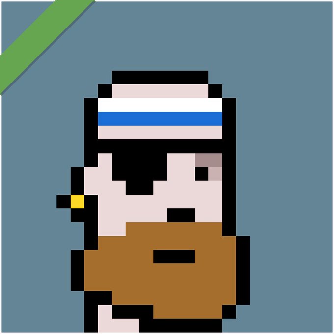 Pixel art of a character resembling a nurse with a white cap featuring a blue stripe, a brown beard, and a yellow earring, set against a blue background with a green corner accent.