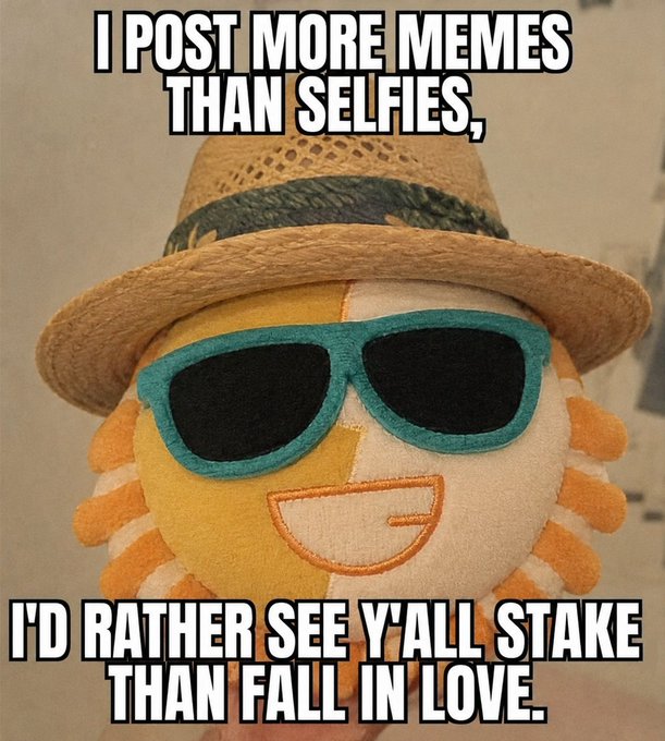 A plush sun toy wearing a straw hat and teal sunglasses with overlaid text reading 'I POST MORE MEMES THAN SELFIES, I'D RATHER SEE Y'ALL STAKE THAN FALL IN LOVE.'