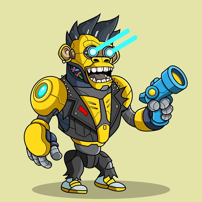 Cartoon illustration of a yellow and black cyborg monkey character with glowing blue eyes and hair, wearing a leather jacket and sneakers while holding a blue futuristic gun.