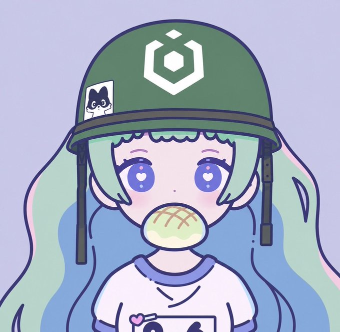 An anime-style illustration of a girl with teal hair wearing a green helmet featuring a white hexagon logo and a cat sticker, blowing a bubblegum bubble while heart-shaped pupils sparkle in her eyes.