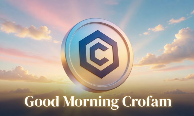 The image features a coin with the word "Cronos" written on it, which is a symbol for the cryptocurrency Cronos. The background of the image shows a beautiful sunset over clouds, creating a serene atmosphere. Below the coin, there's text that reads "Good morning, Cronos! When the market is bleeding, do you add to your $CRO bag?". This message seems to be related to the post about the cryptocurrency Cronos and its value in the market.