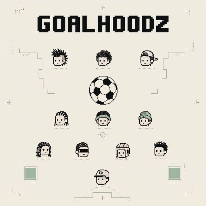 A pixel art illustration titled 'GOALHOODZ' depicting a soccer field with a ball in the center and cartoon character heads arranged as players in formation.