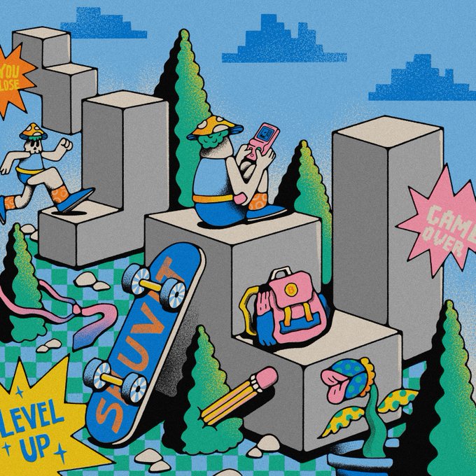 A colorful retro-style pixel art illustration features characters with mushroom hats exploring a blocky landscape, with text bubbles reading 'YOU LOSE', 'GAME OVER', 'LEVEL UP', and 'FUN' on a skateboard.