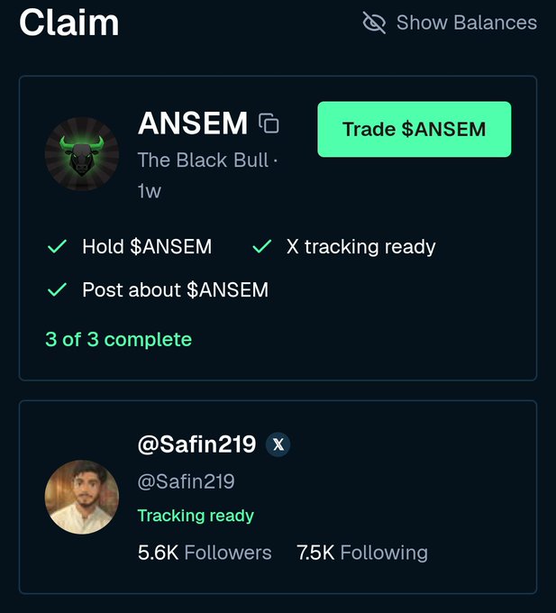 A mobile app screen showing a completed claim process for the $ANSEM token, with all three tasks (hold, post, X tracking) checked off for user @Safin219 who has 5.6K followers.
