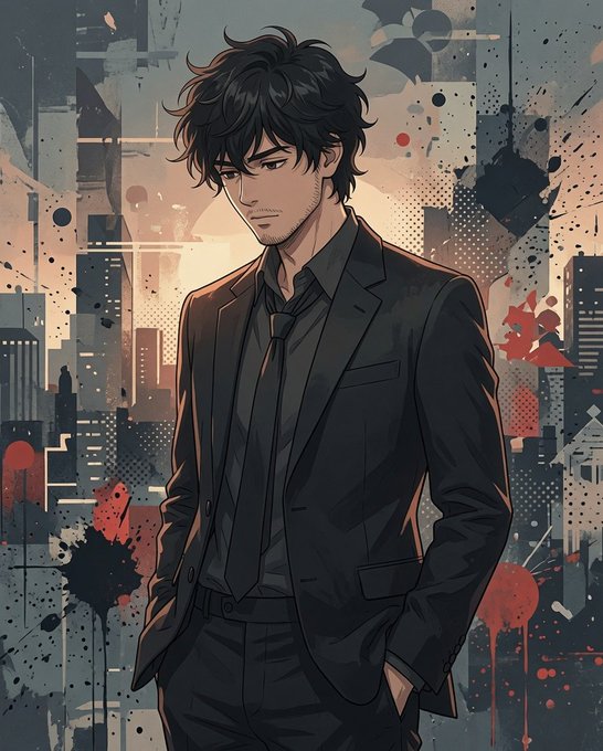 An anime-style illustration of a man with messy black hair wearing a black suit and tie, standing against a textured urban background with paint splatter effects.