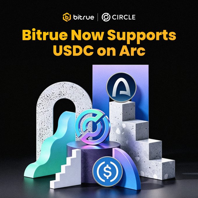 Bitrue announces its support for USDC on the newly launched Arc Mainnet, featuring a 3D-rendered display with the Bitrue and Circle logos above geometric shapes bearing the USDC dollar sign and Arc's "A" emblem. The promotional graphic highlights Bitrue's role as one of the first centralized exchanges to offer USDC on Arc from day one.