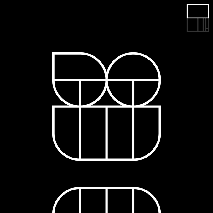 A black background with a stylized white line-art logo design.