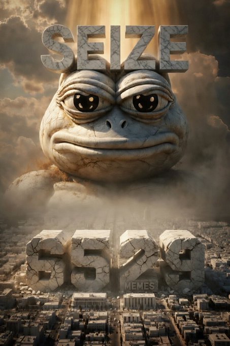 The image features a large, gray stone statue of a frog with eyes and a mouth, surrounded by rubble and debris. The text "SEIZE" is written above the frog's head, while the number "6529" appears below its feet. The caption reads "SEIZE 6529 Memes Behold. The Marble God of Memes has descended. He does not ask permission. He does not negotiate with institutions. He simply seizes. The skyline is his. The culture is his. SEIZE the Memes of".