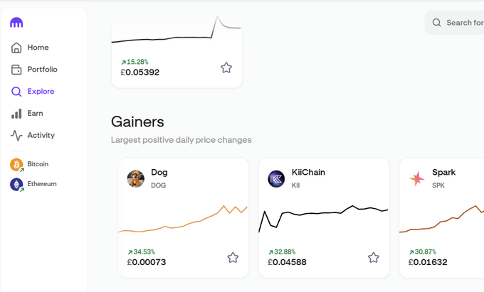 A screenshot of a cryptocurrency portfolio dashboard showing navigation menu items (Home, Portfolio, Explore, Earn, Activity) and a 'Gainers' section displaying tokens Dog (DOG) at £0.00073 with 34.53% gain, KiiChain (KII) at £0.04588 with 32.88% gain, and Spark (SPK) at £0.01632 with 30.87% gain.