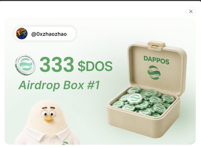 A promotional graphic for a 'DAPPOS Airdrop Box #1' showing 333 $DOS tokens in a box, with the username @0xzhaozhao and a mascot character in the corner.